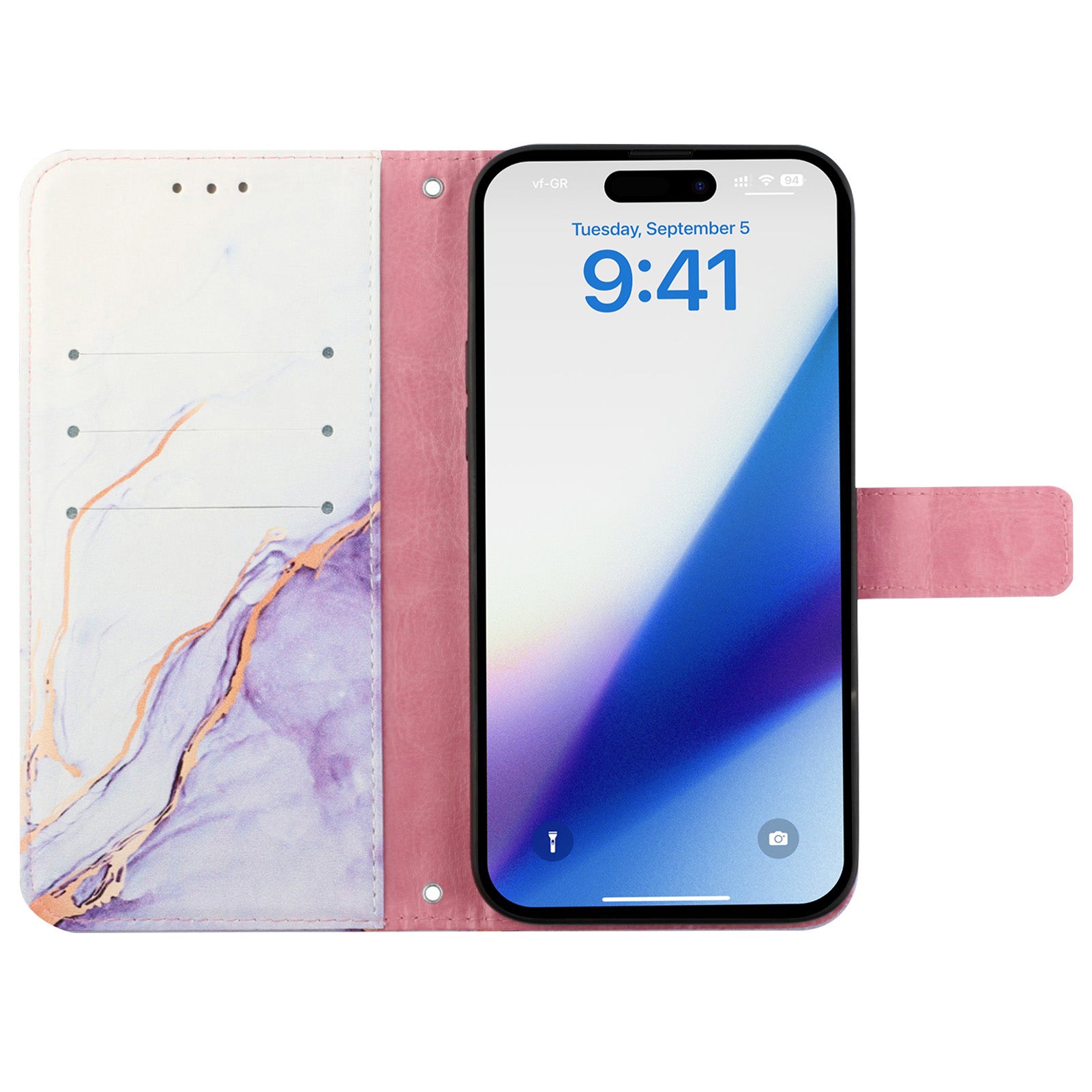 Uniqkart for iPhone 15 YB Pattern Printing Leather Series-6 Marble Pattern Phone Anti-drop Cover Stand Wallet Phone Case - White / Purple LS006 Uniqkart for iPhone 15 YB Pattern Printing Leather Series-6 Marble Pattern Phone Anti-drop Cover Stand Wallet Phone Case - White / Purple LS006